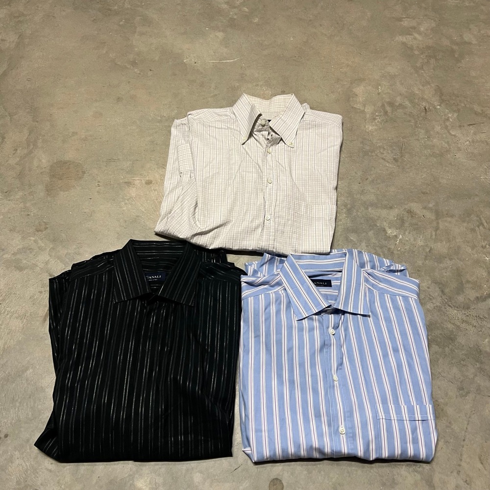 Lot of 3 Canali Mens Dress Shirts Size Large 16.5 17 Made in Italy Striped Check
